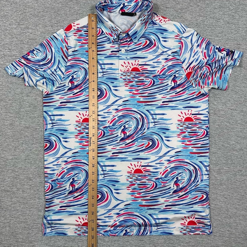 Sunday Swagger Polo Shirt Mens Medium Blue Red Surfer Ocean Print Stretch Golf - Picture 7 of 9